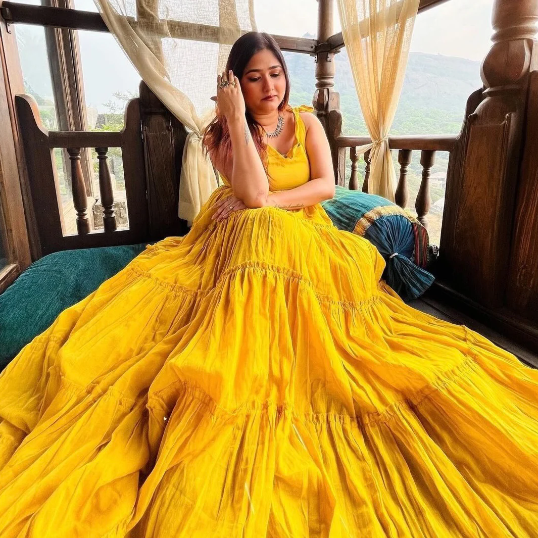 Mustard Yellow Tiered Maxi Dress with Tie - up sleeve - Flowy Ethnic Funsion Outfit - 007