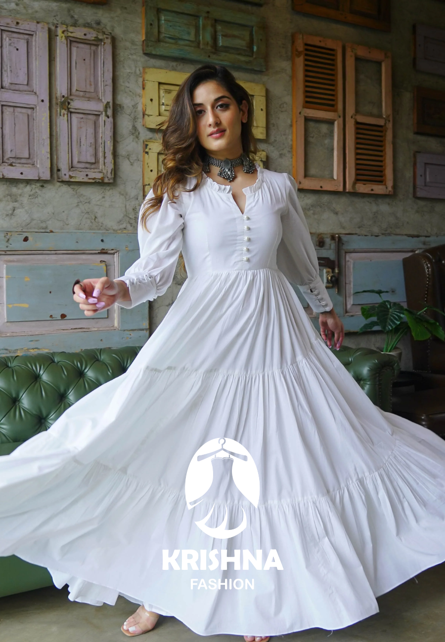White Flared Maxi Dress with Puffy sleeves & Front Buttons - 008