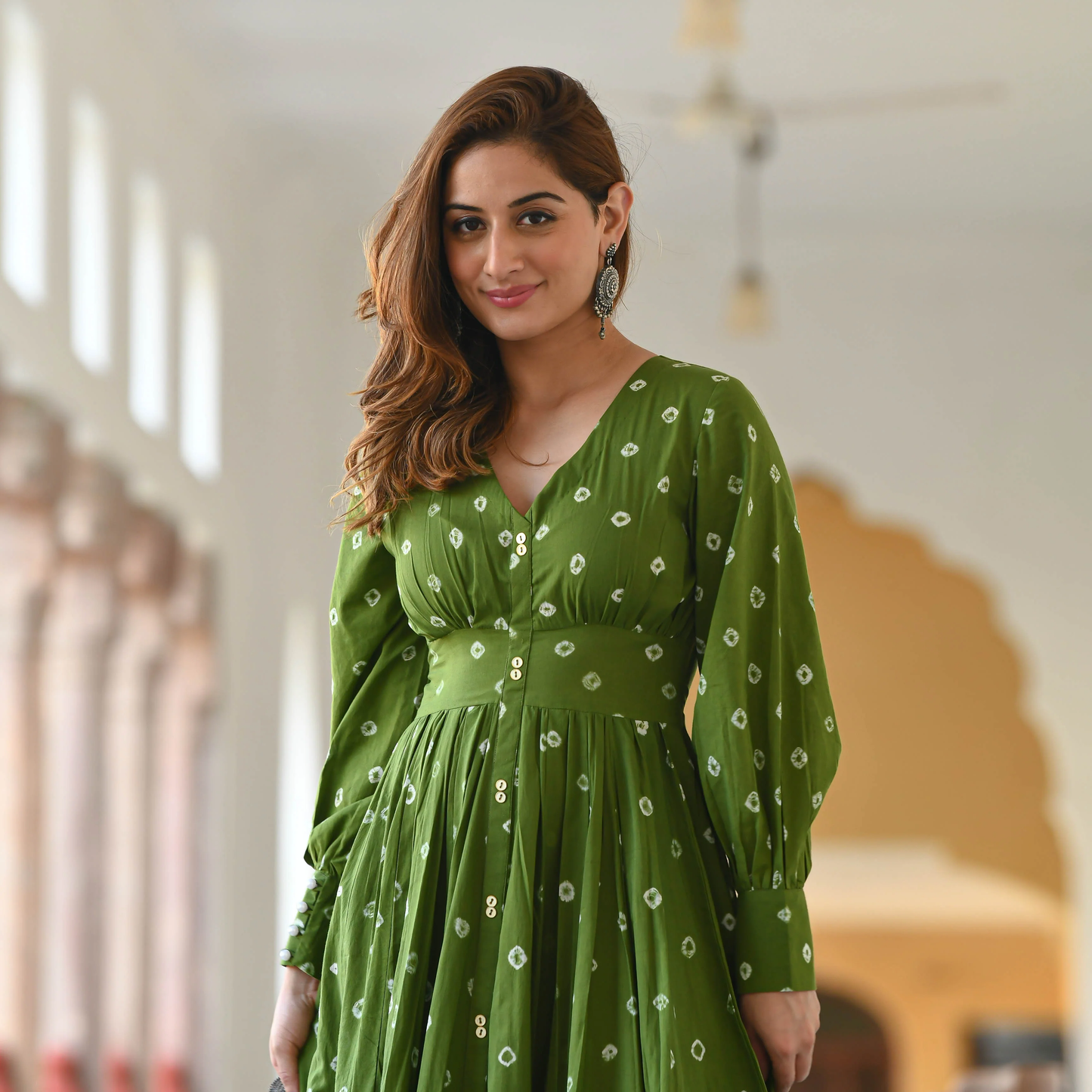 Olive Green Bandhani Print Flared Maxi Dress with Puff sleeves - 009