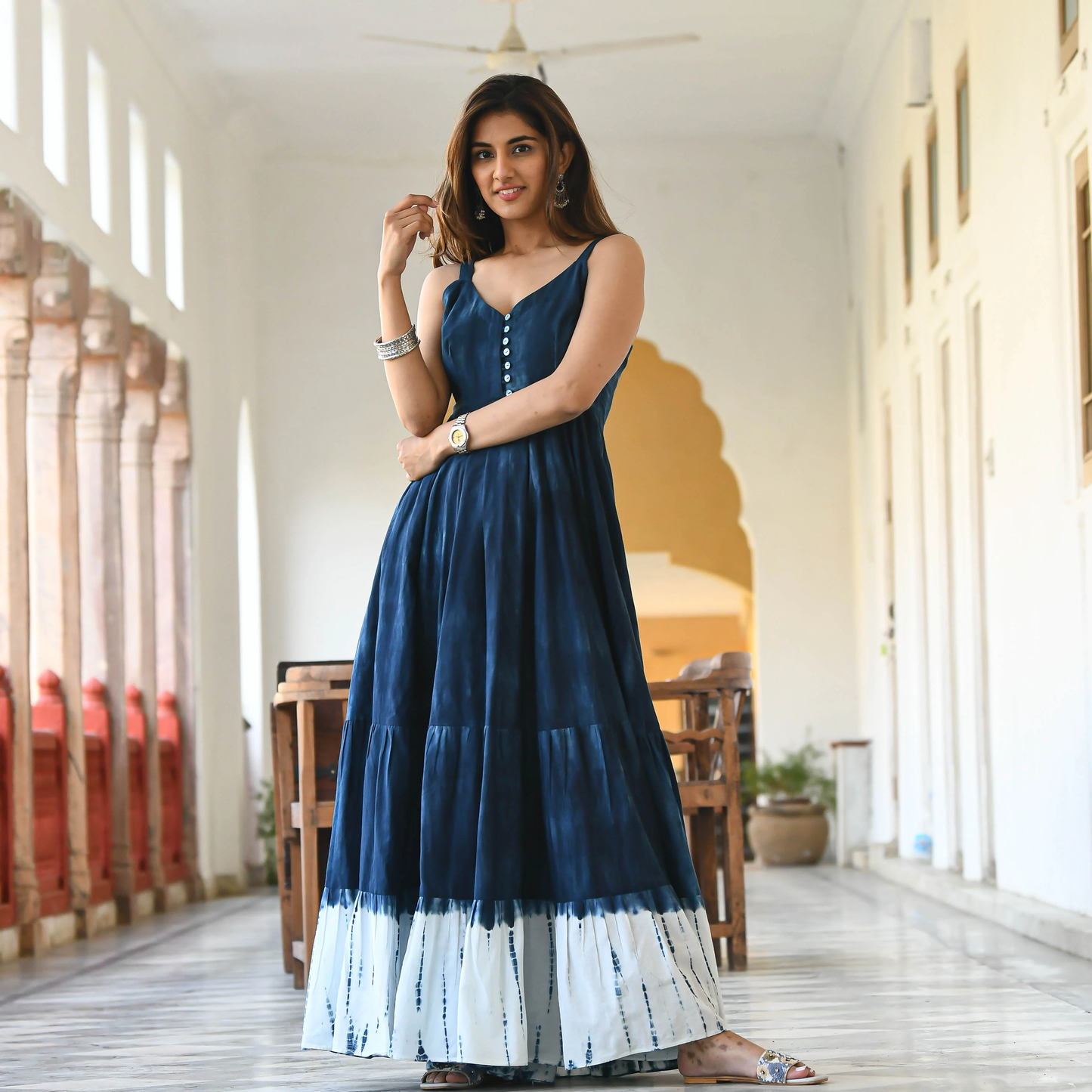 Navy Blue Tie-dye sleeveless Maxi Dress for women - 006