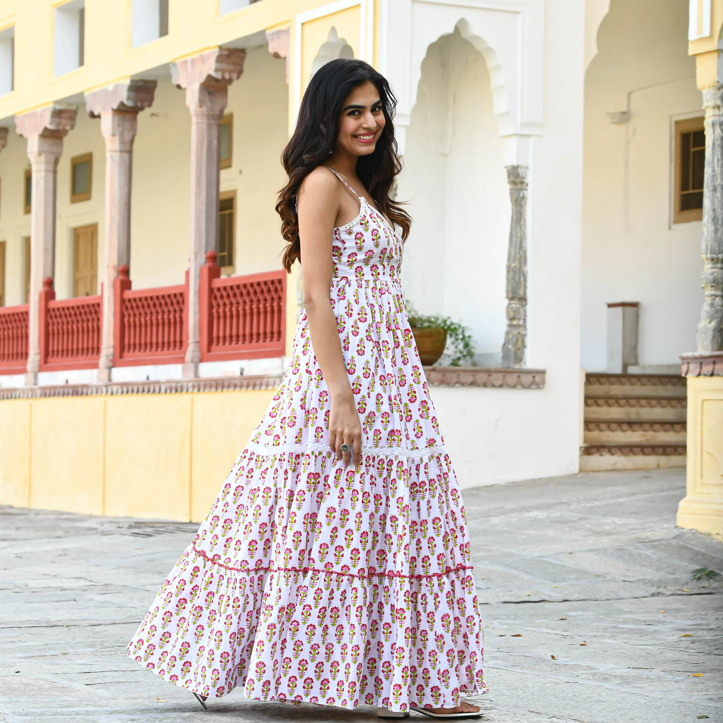 Floral Hand Block Print Cotton Anarkali Maxi Dress for Women – Sleeveless Ethnic Summer Wear - 010