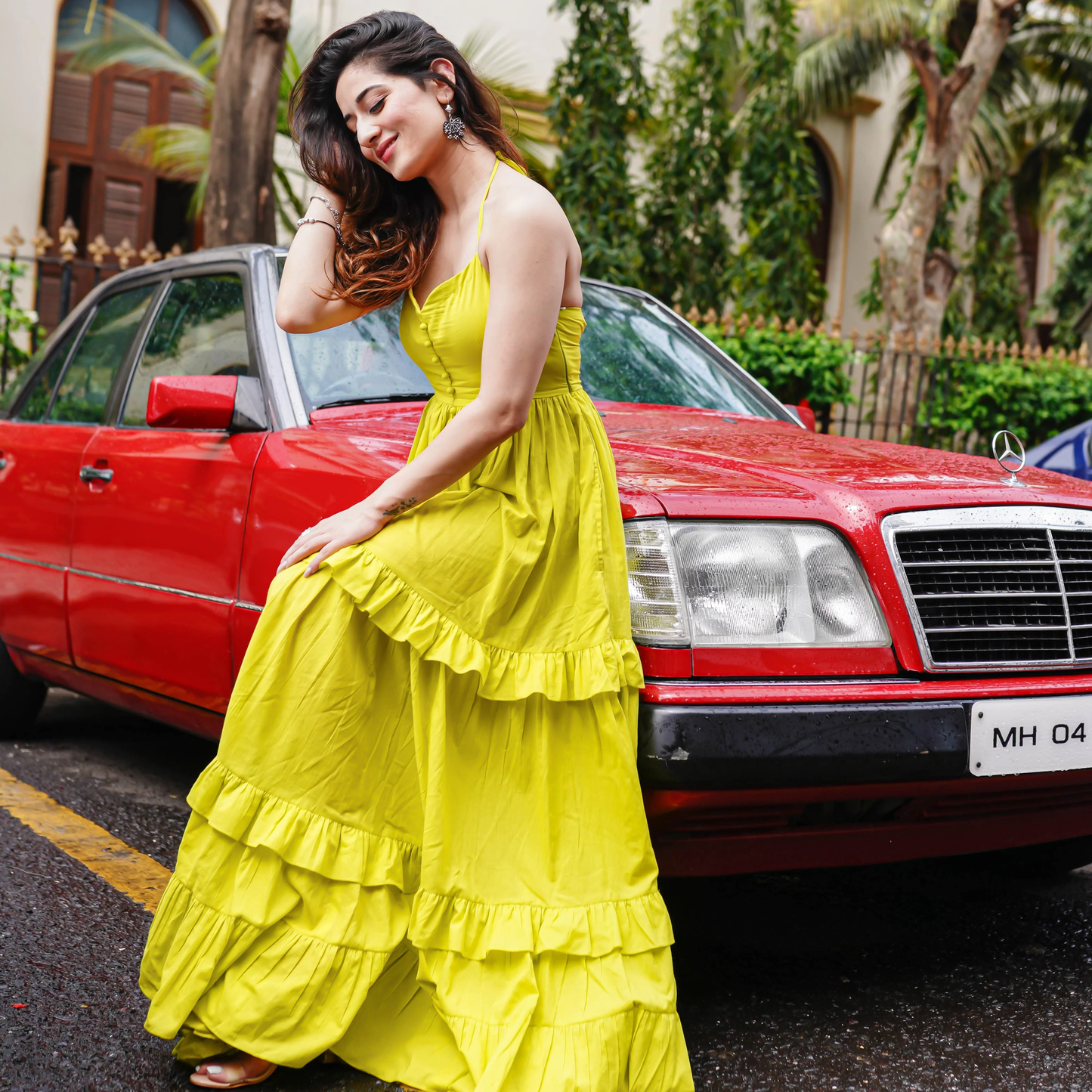 Bright Yellow Halter Neck Tieres Ruffle Maxi Dress - 003