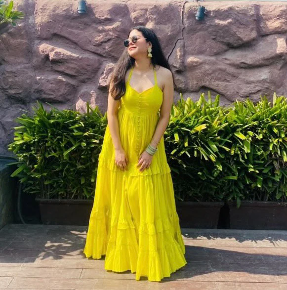 Bright Yellow Halter Neck Tieres Ruffle Maxi Dress - 003
