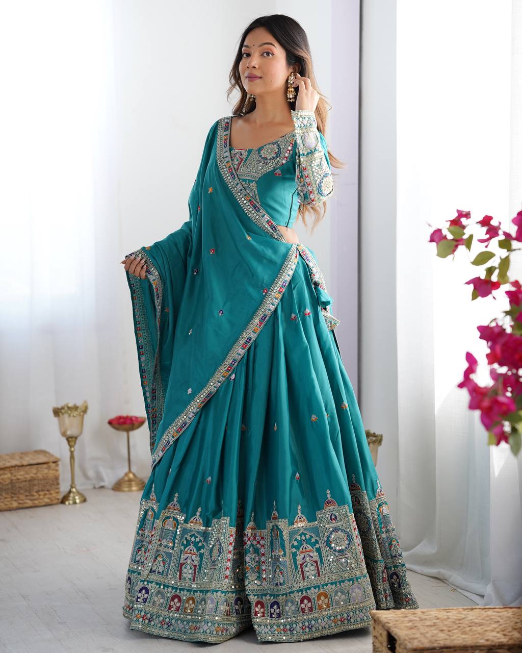 Krishna Fashion Premium Quality Heavy Traditional Aqua Blue Lehenga Choli NF-5006