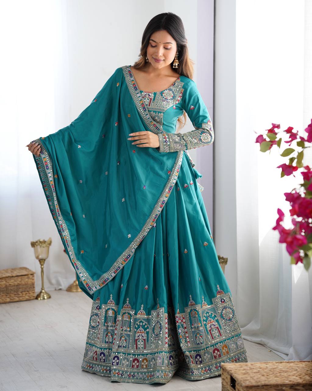 Krishna Fashion Premium Quality Heavy Traditional Aqua Blue Lehenga Choli NF-5006
