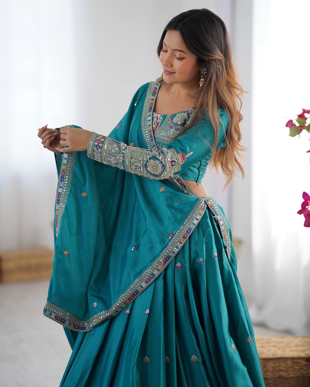 Krishna Fashion Premium Quality Heavy Traditional Aqua Blue Lehenga Choli NF-5006