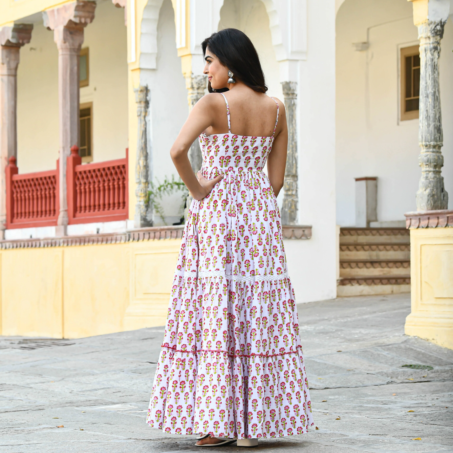 Floral Hand Block Print Cotton Anarkali Maxi Dress for Women – Sleeveless Ethnic Summer Wear - 010