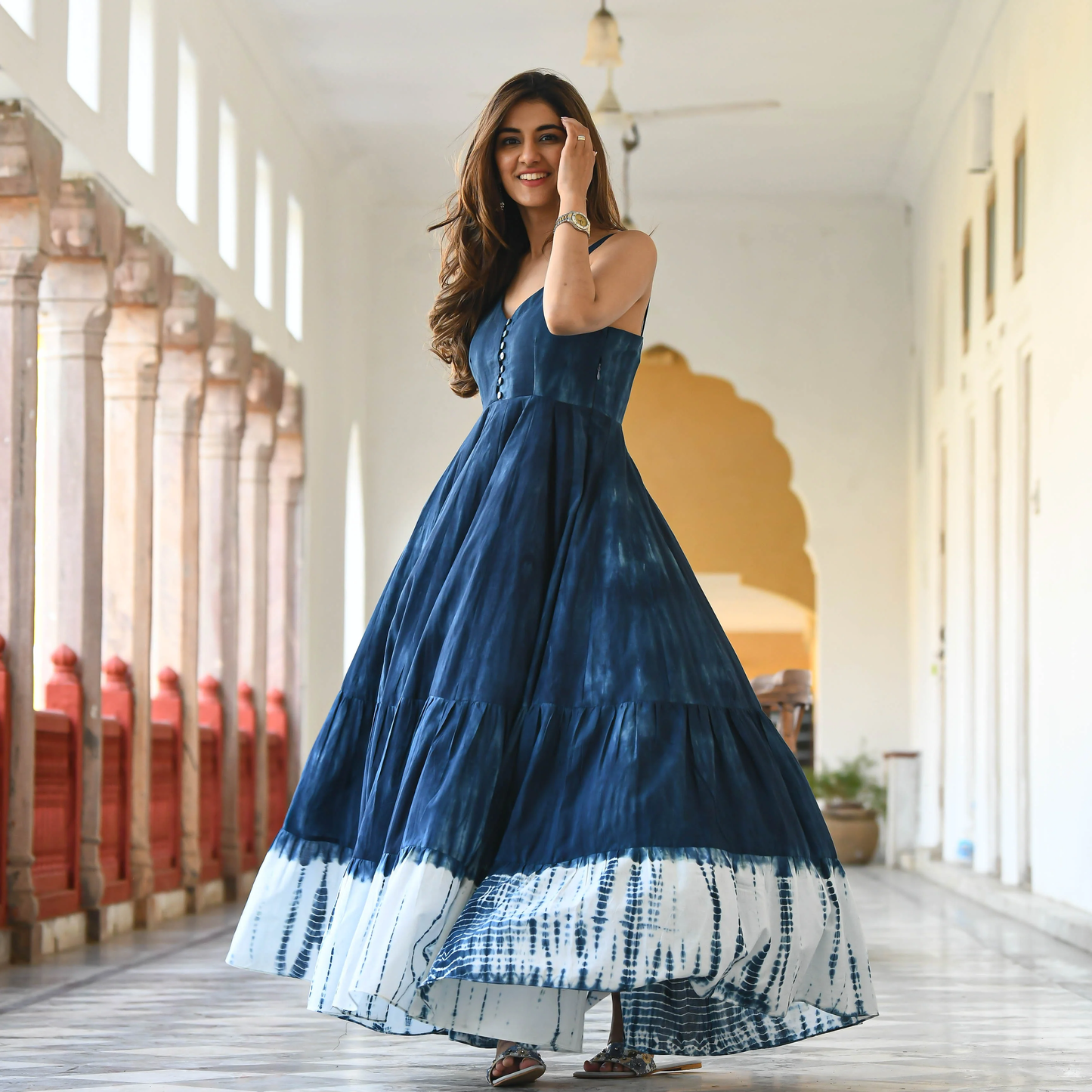 Navy Blue Tie-dye sleeveless Maxi Dress for women - 006