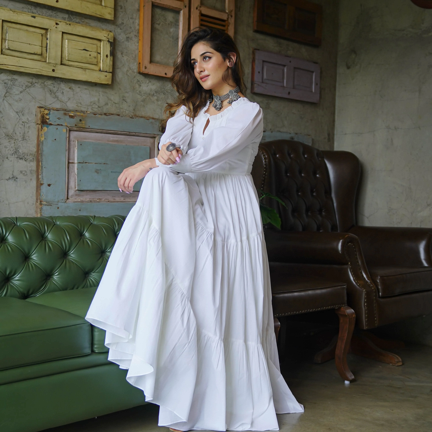 White Flared Maxi Dress with Puffy sleeves & Front Buttons - 008