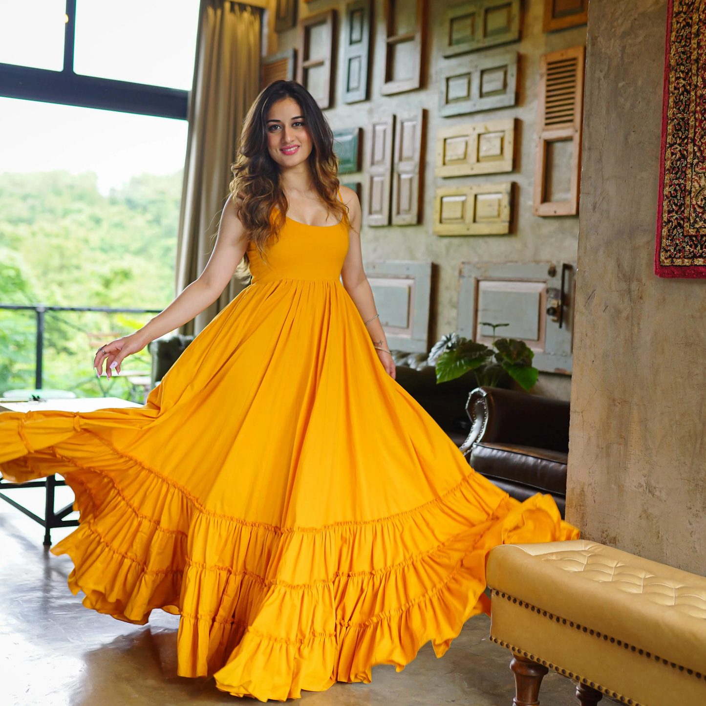 Mustard Yellow Spaghetti Strap flowy Ruffle Maxi Dress - 004
