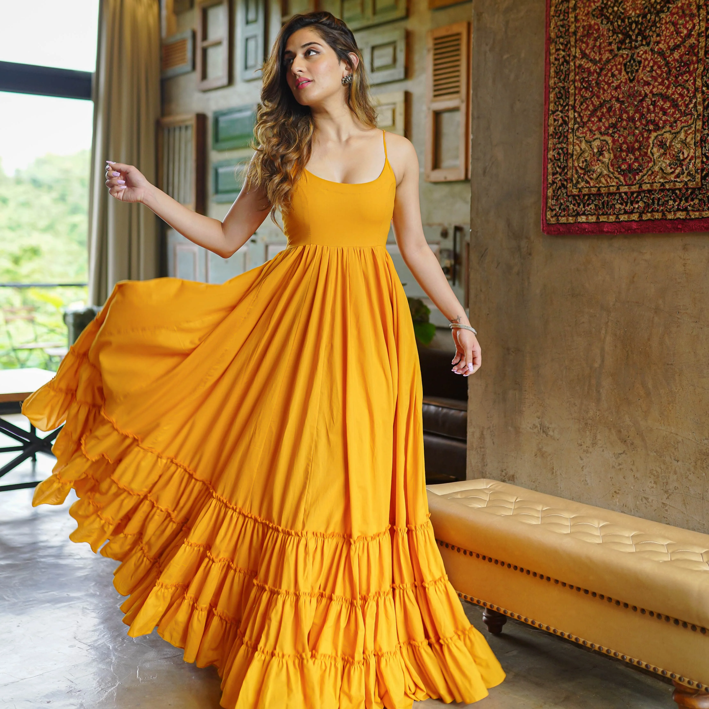 Mustard Yellow Spaghetti Strap flowy Ruffle Maxi Dress - 004