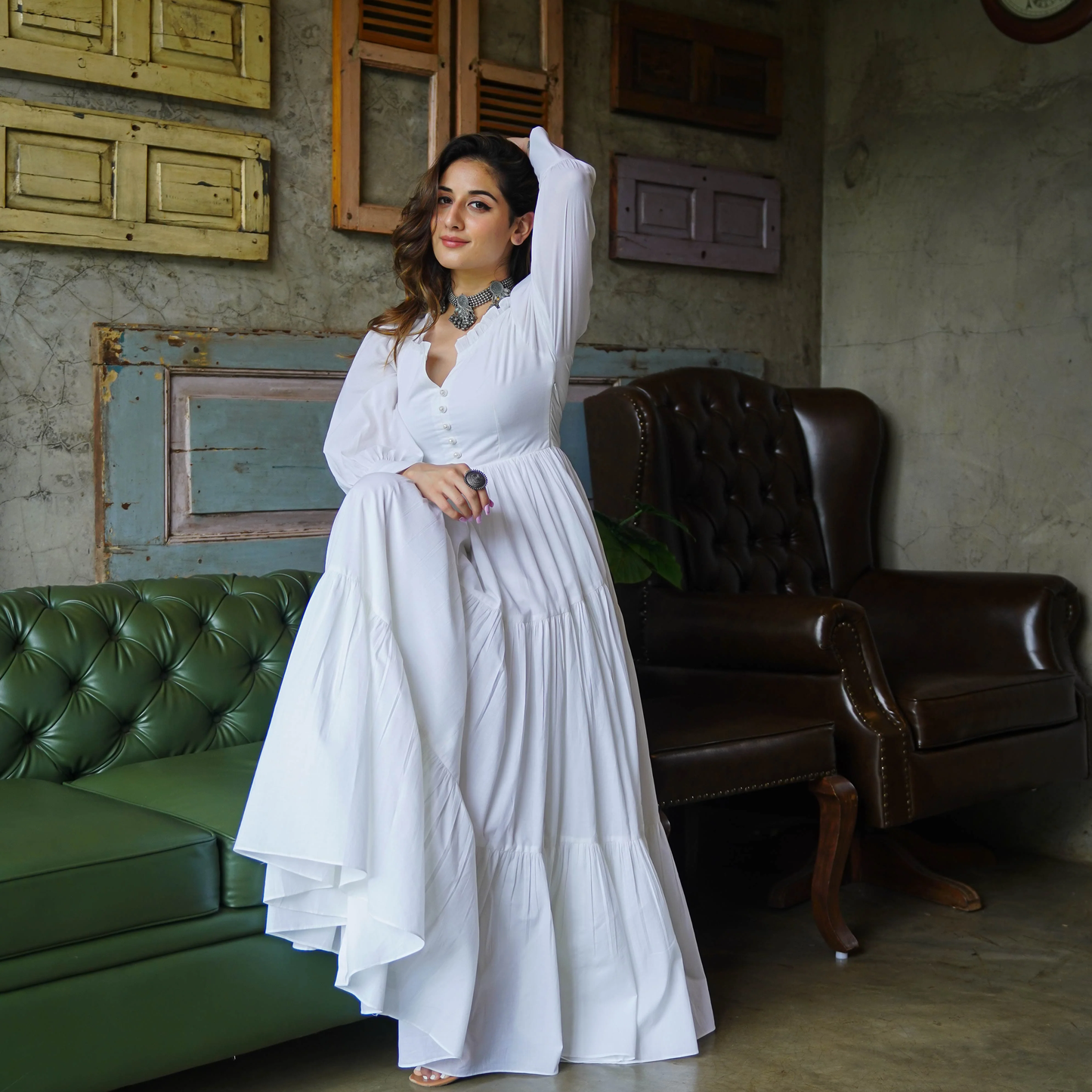 White Flared Maxi Dress with Puffy sleeves & Front Buttons - 008