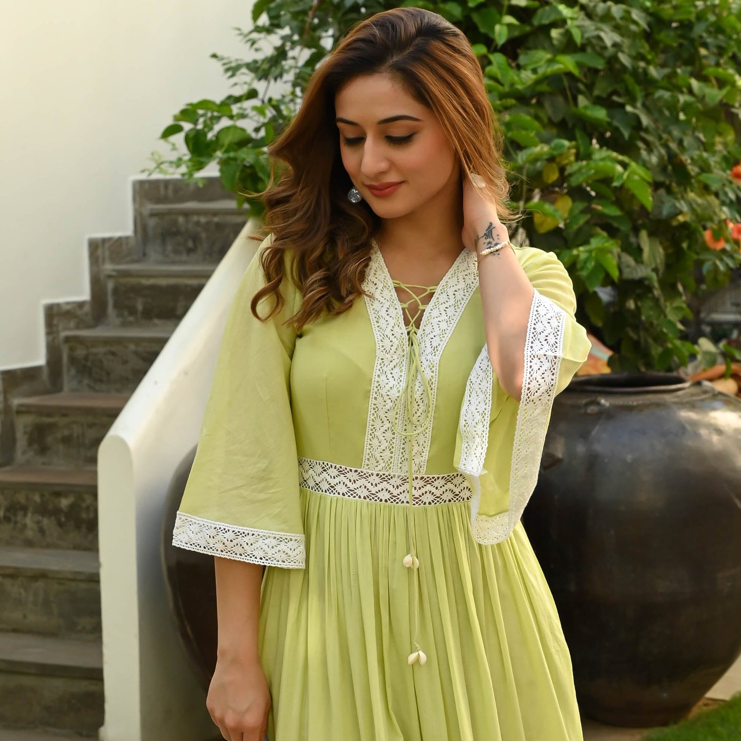 Krishna MELLOW GREEN WHITE LACE DRESS - 014