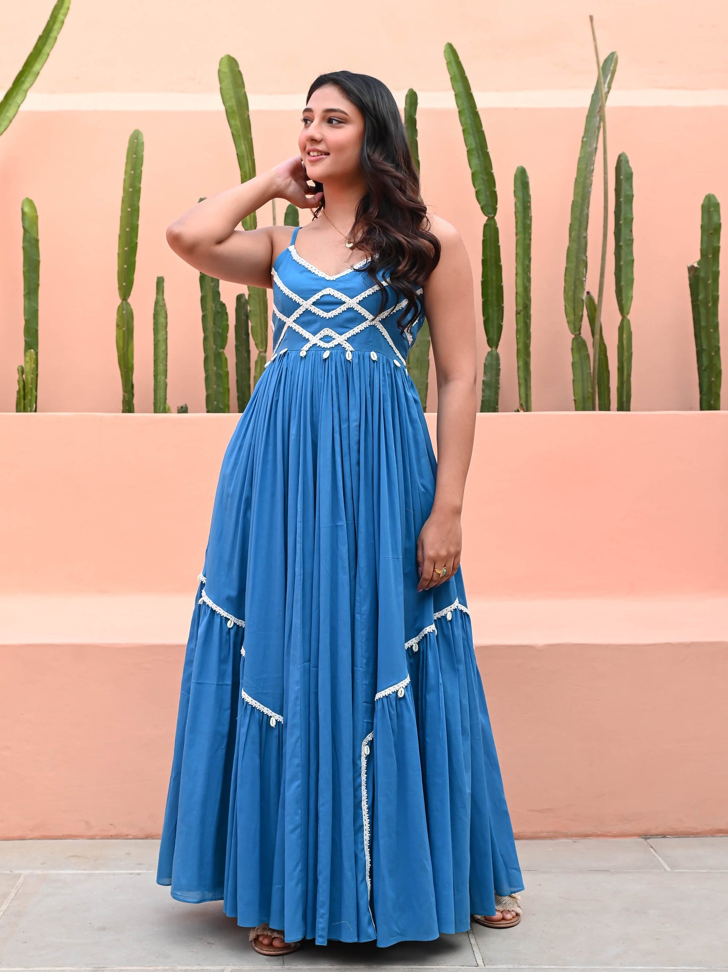 Light Blue Cotton Dress with Lace - 013