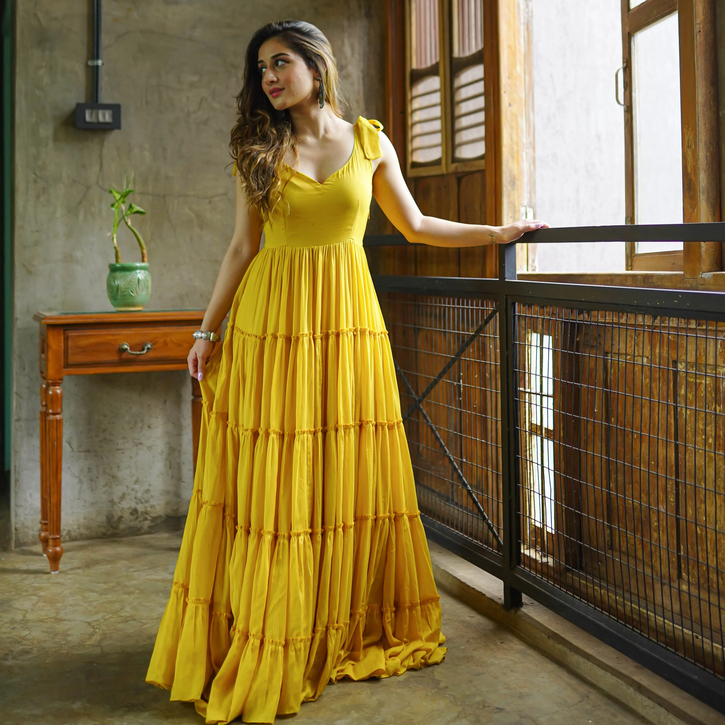 Mustard Yellow Tiered Maxi Dress with Tie - up sleeve - Flowy Ethnic Funsion Outfit - 007