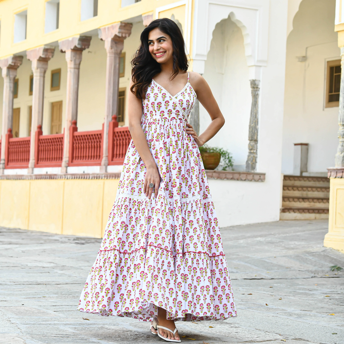 Floral Hand Block Print Cotton Anarkali Maxi Dress for Women – Sleeveless Ethnic Summer Wear - 010