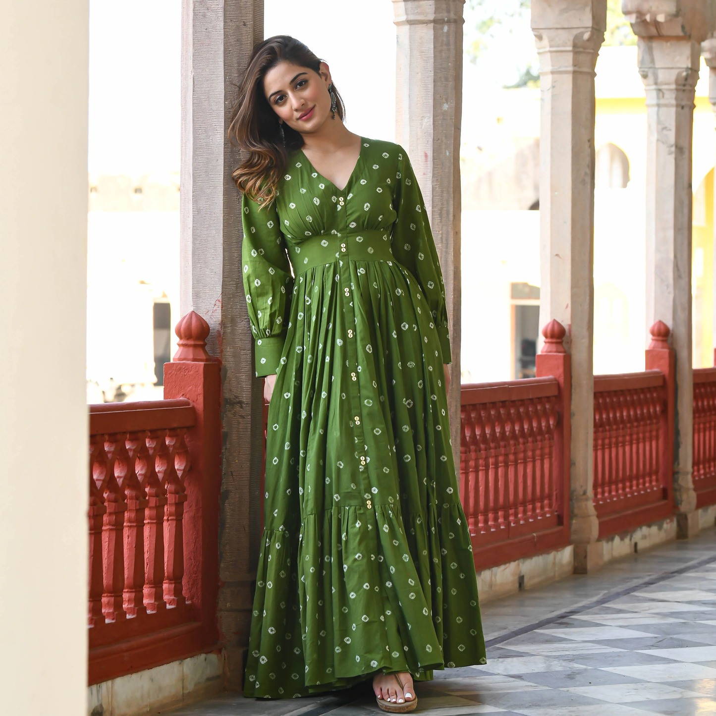 Olive Green Bandhani Print Flared Maxi Dress with Puff sleeves - 009