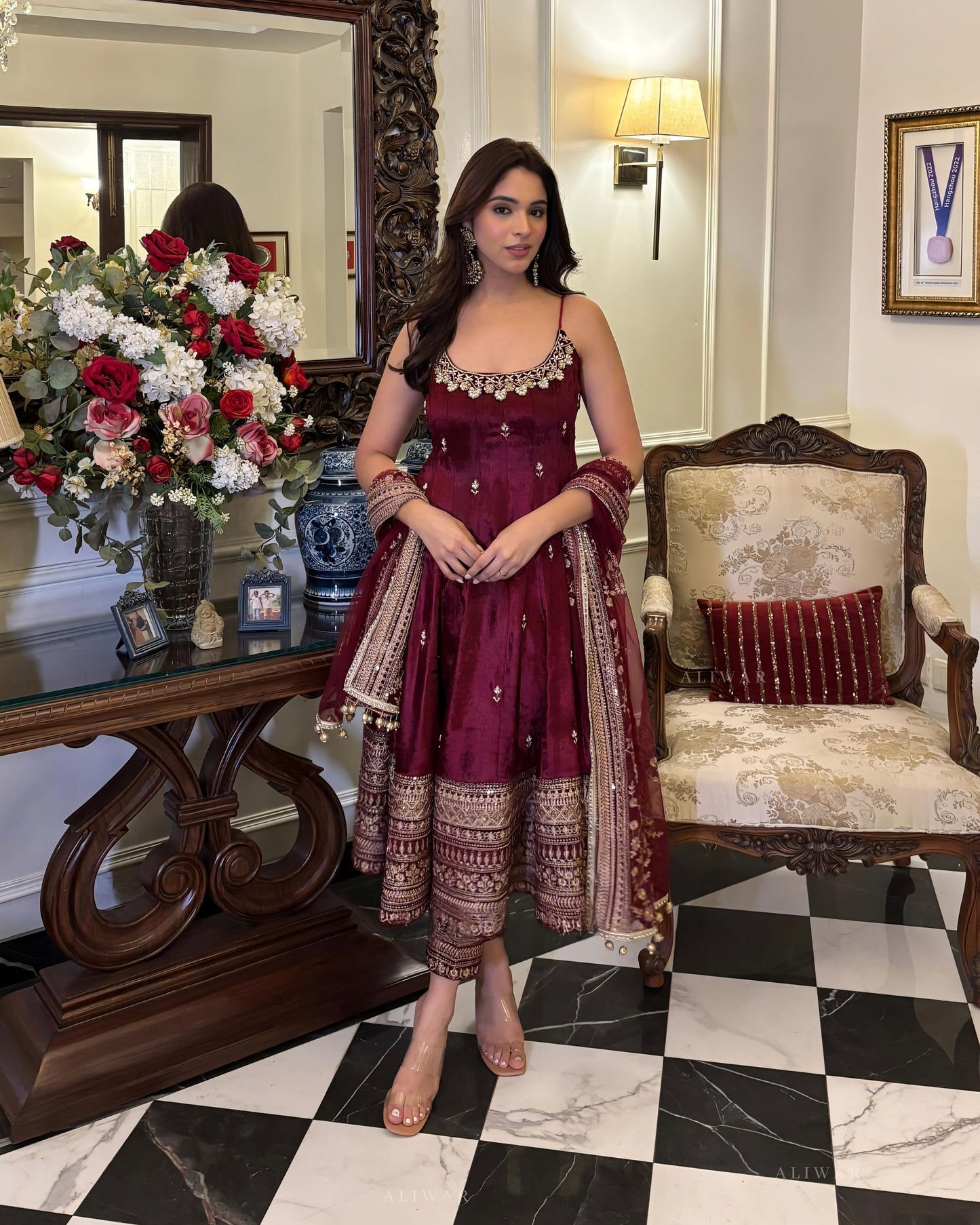 Alveera Premium Quality Maroon Vichitra Anarkali Suit Set