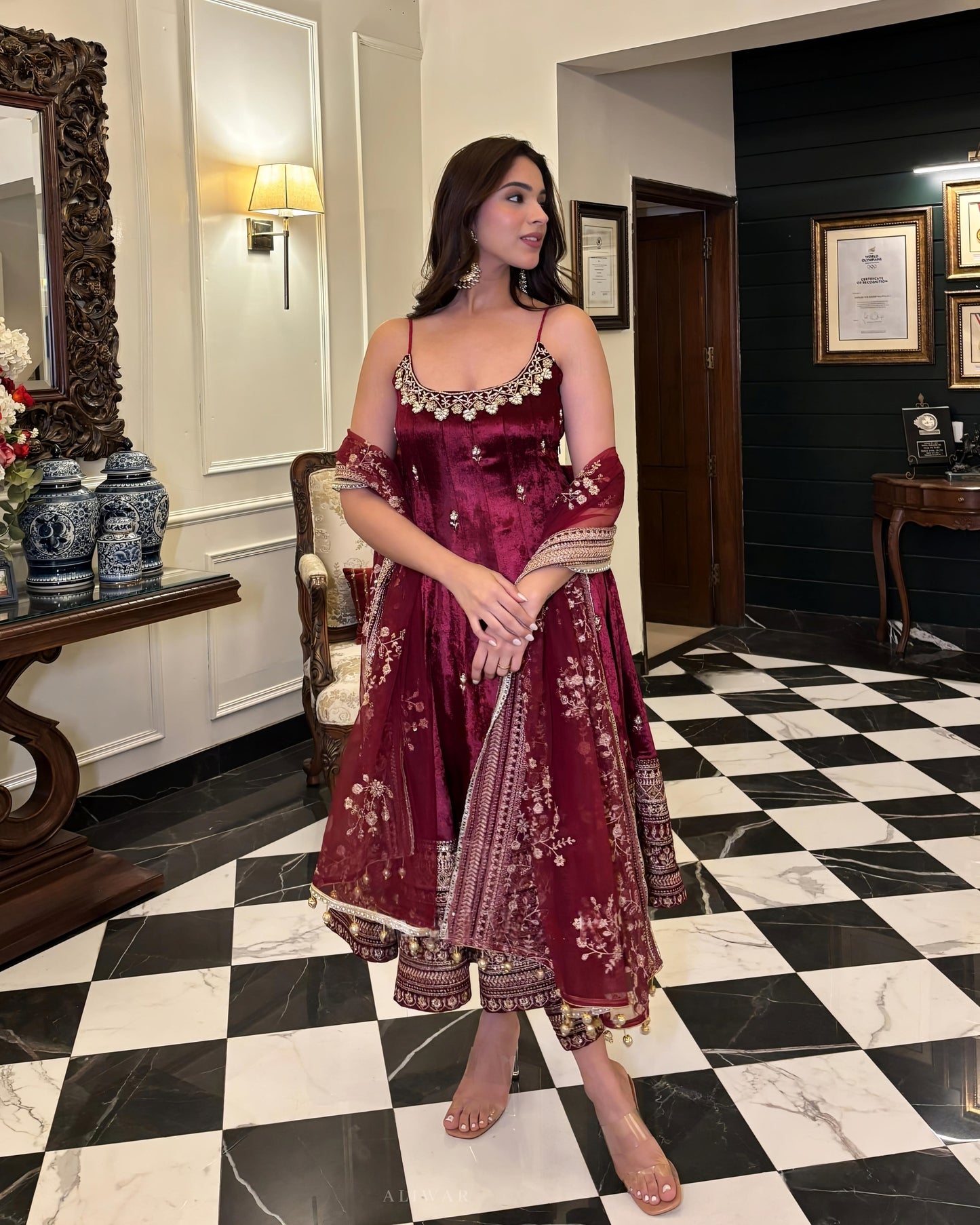 Alveera Premium Quality Maroon Vichitra Anarkali Suit Set