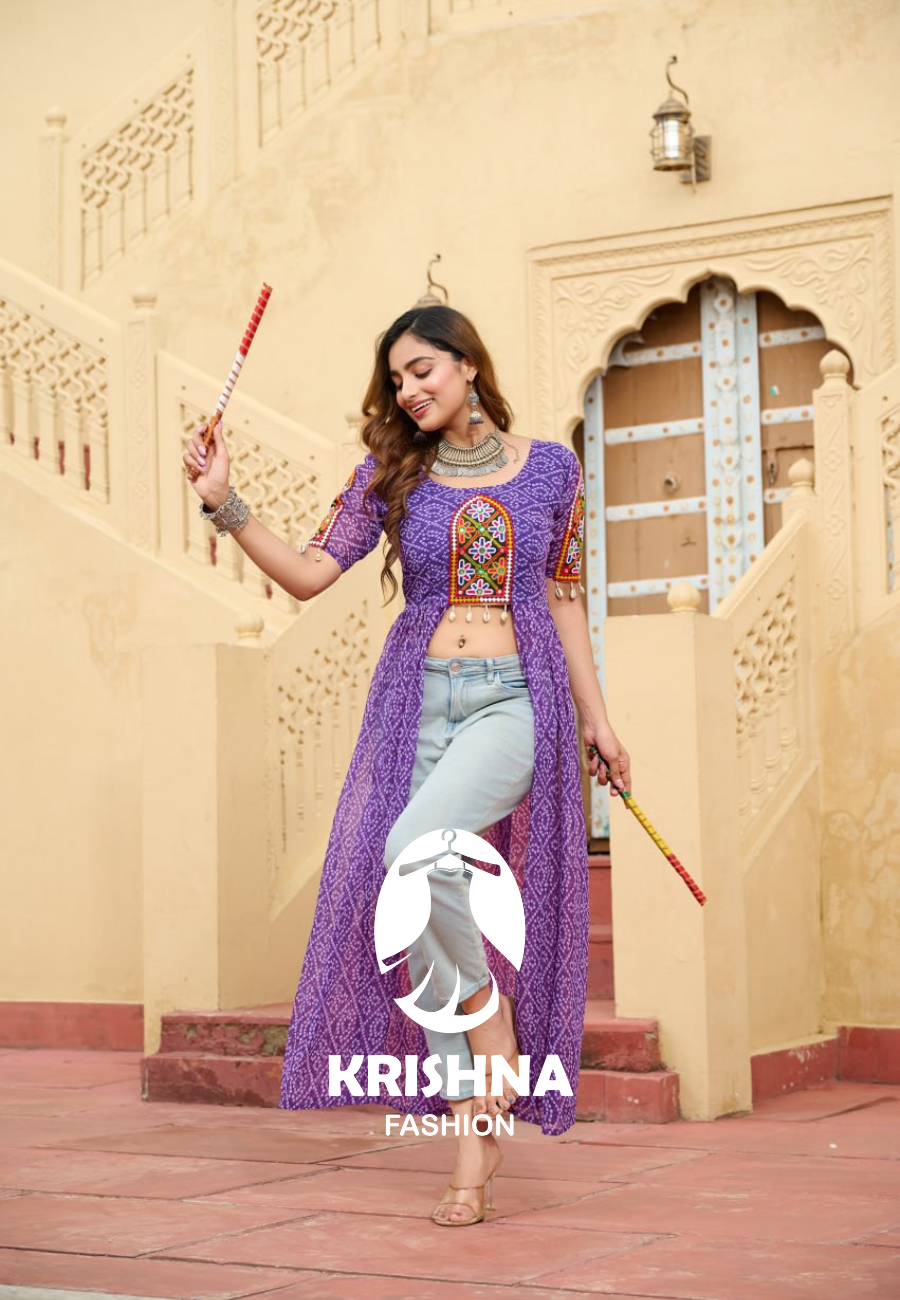 Bandhani Print Front Slit Kurti with Kutchi Mirror Work Yoke โ Navratri Special KFK- 1189