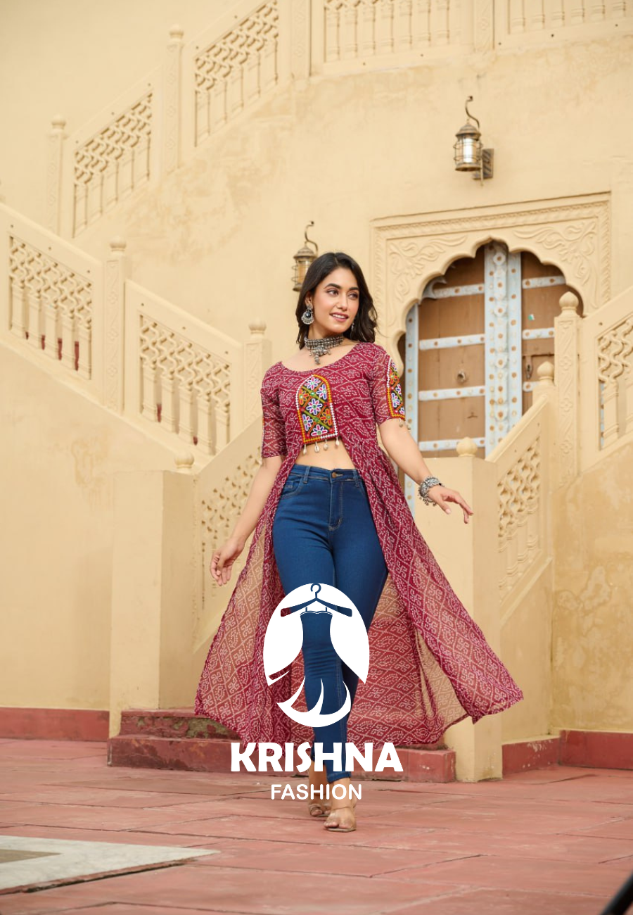 Bandhani Print Front Slit Kurti with Kutchi Mirror Work Yoke โ Navratri Special KFK- 1189