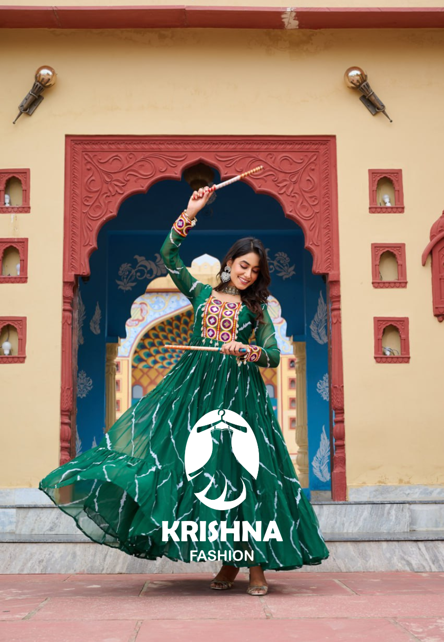 Bandhani Print Flared Anarkali Gown with Kutchi Mirror Work โ Navratri Special KFK-1187