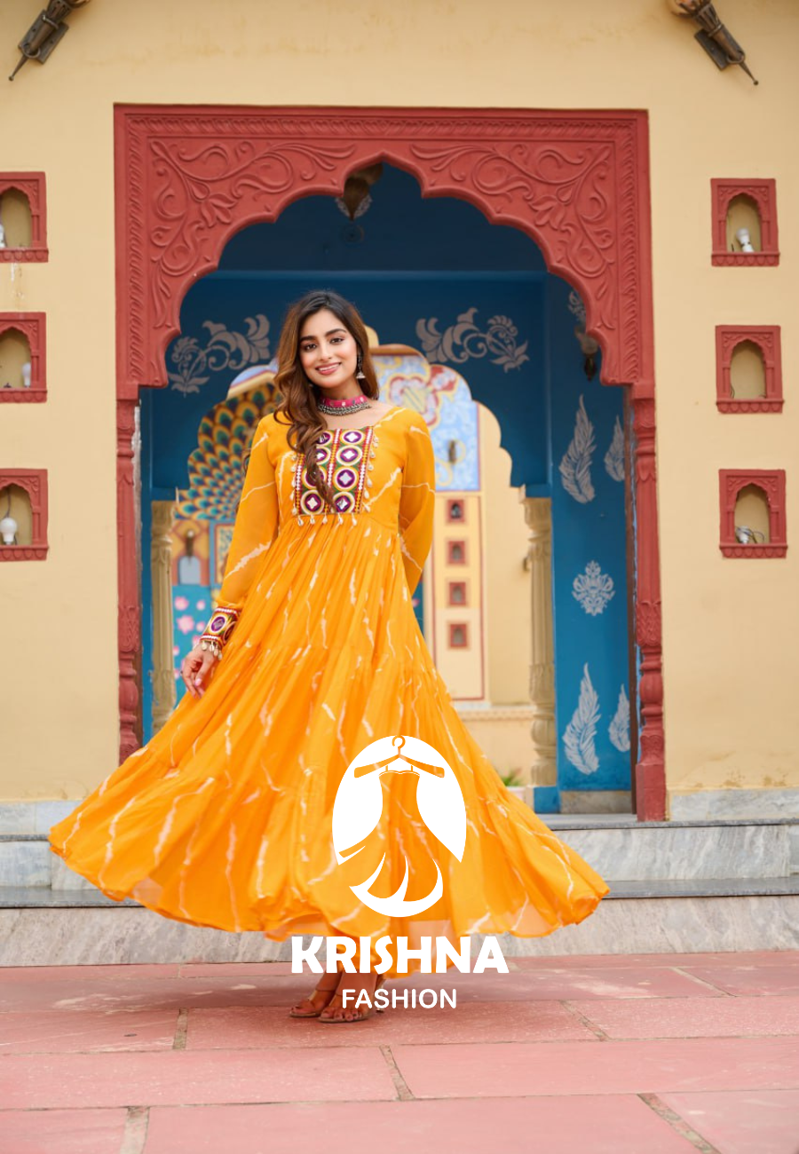 Bandhani Print Flared Anarkali Gown with Kutchi Mirror Work โ Navratri Special KFK-1187