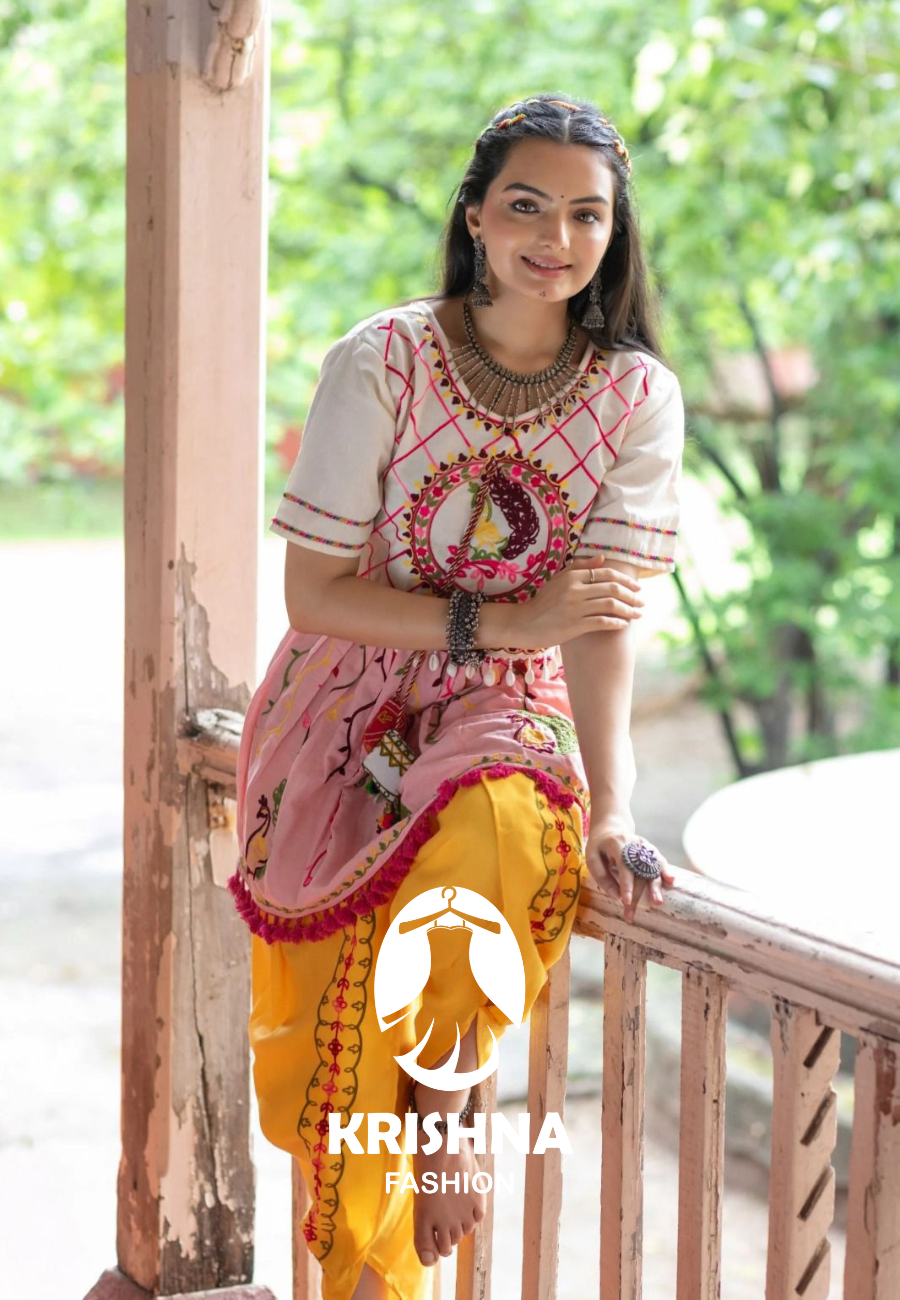 Traditional Embroidered Kediya Top with Yellow Dhoti Pant – Navratri Garba Wear for Women