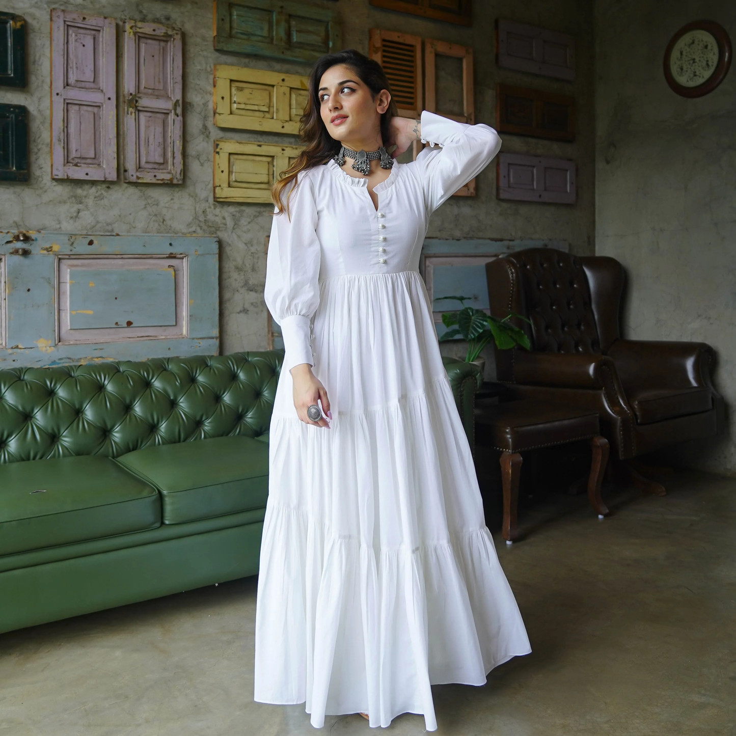 White Flared Maxi Dress with Puffy sleeves & Front Buttons - 008