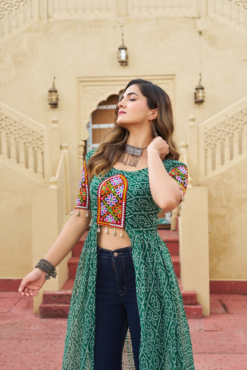 Bandhani Print Front Slit Kurti with Kutchi Mirror Work Yoke โ Navratri Special KFK- 1189