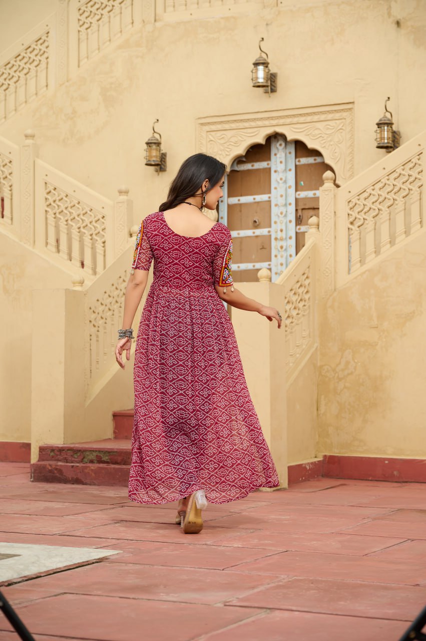Bandhani Print Front Slit Kurti with Kutchi Mirror Work Yoke โ Navratri Special KFK- 1189