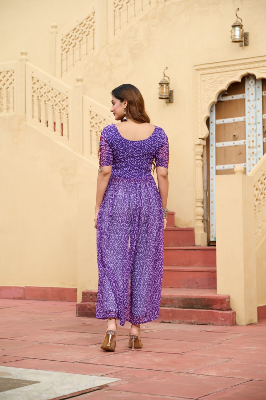 Bandhani Print Front Slit Kurti with Kutchi Mirror Work Yoke โ Navratri Special KFK- 1189