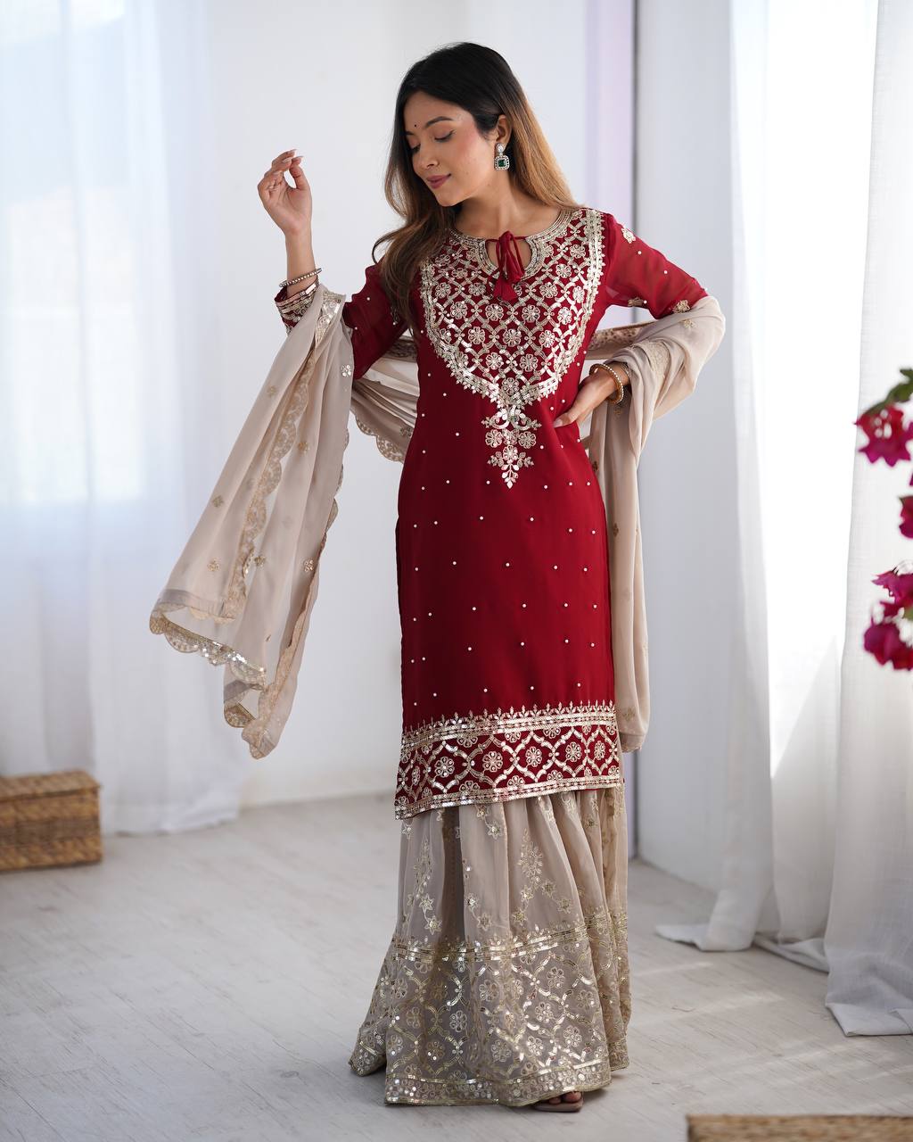 Chinnon Embroidered Kurta with Heavy Sharara and Dupatta KFZ-3110