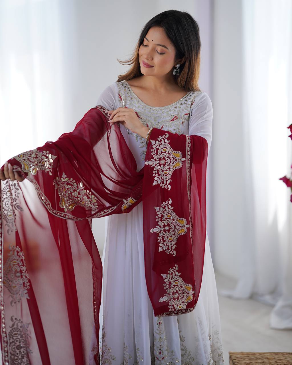 Elegant White Anarkali Suit with Maroon Embroidered Dupatta KFZ-5008