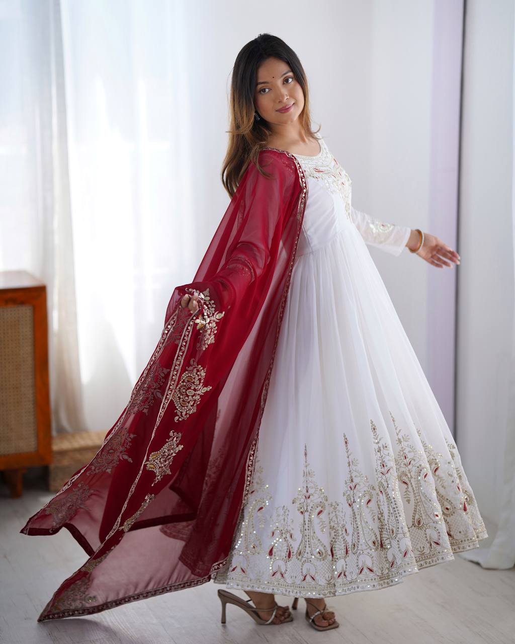Elegant White Anarkali Suit with Maroon Embroidered Dupatta KFZ-5008