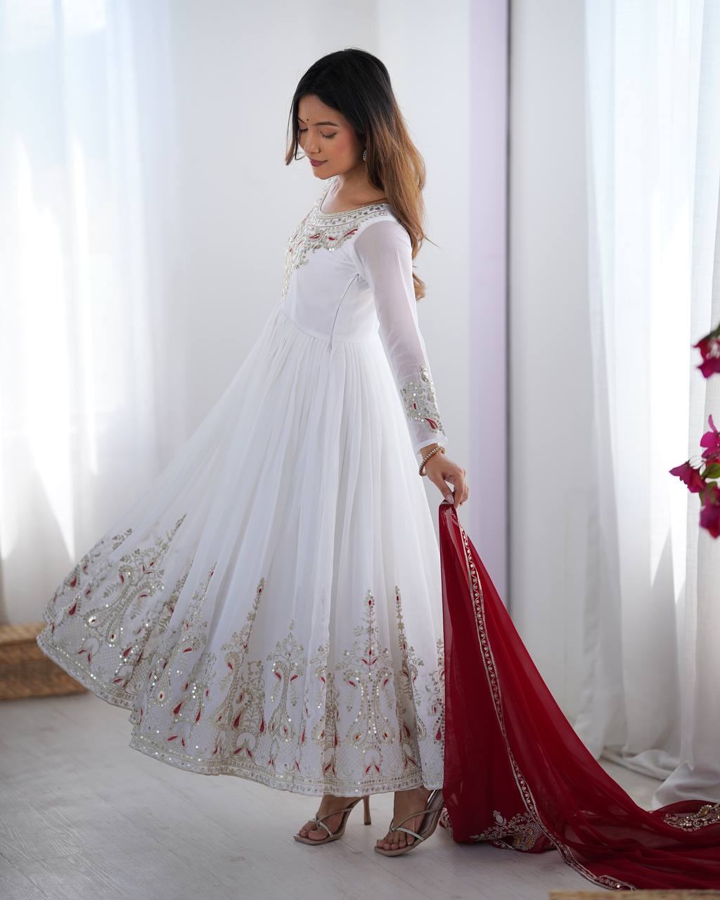 Elegant White Anarkali Suit with Maroon Embroidered Dupatta KFZ-5008
