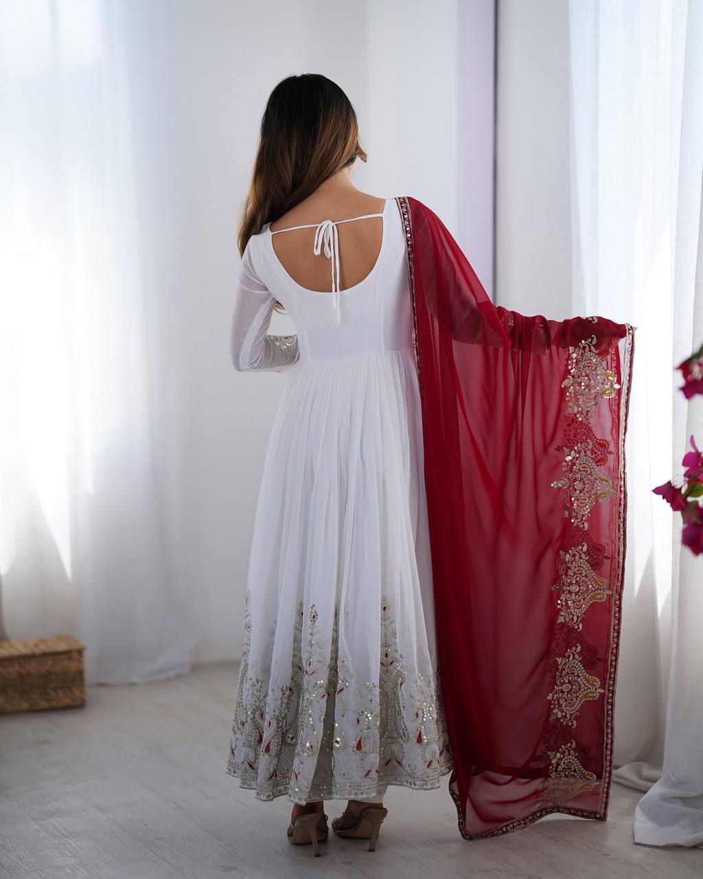 Elegant White Anarkali Suit with Maroon Embroidered Dupatta KFZ-5008