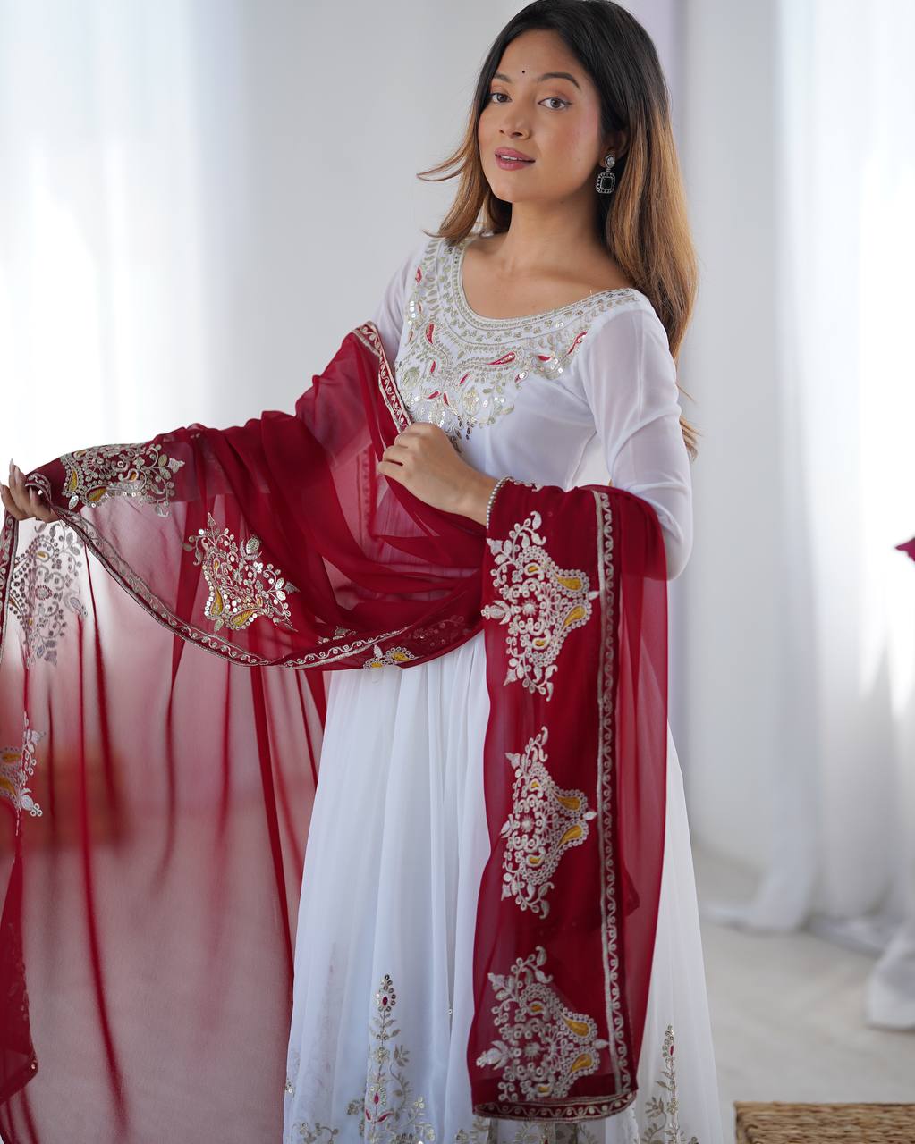 Elegant White Anarkali Suit with Maroon Embroidered Dupatta KFZ-5008