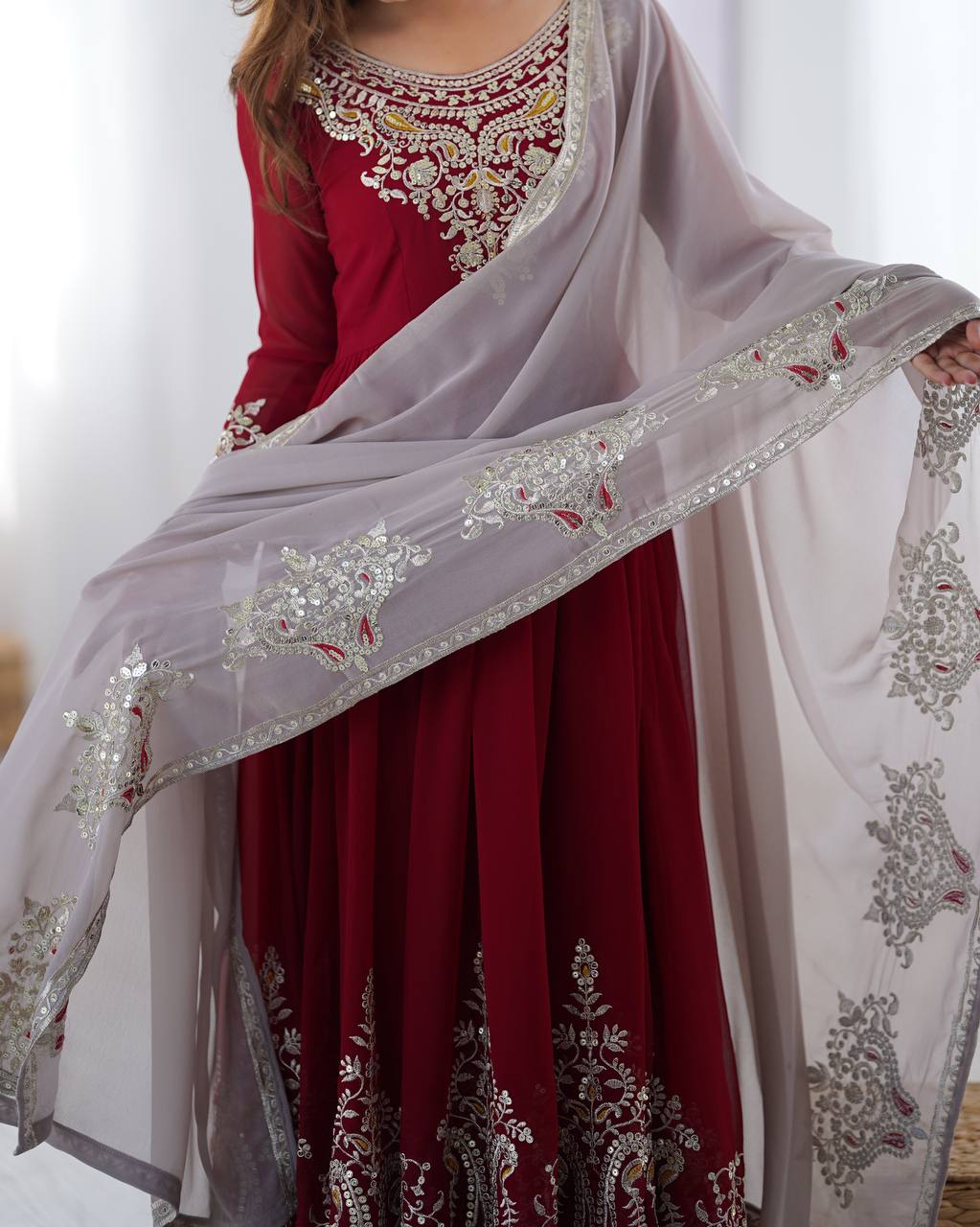 Maroon Anarkali Gown with Heavy Embroidery and Net Dupatta KFZ-5008