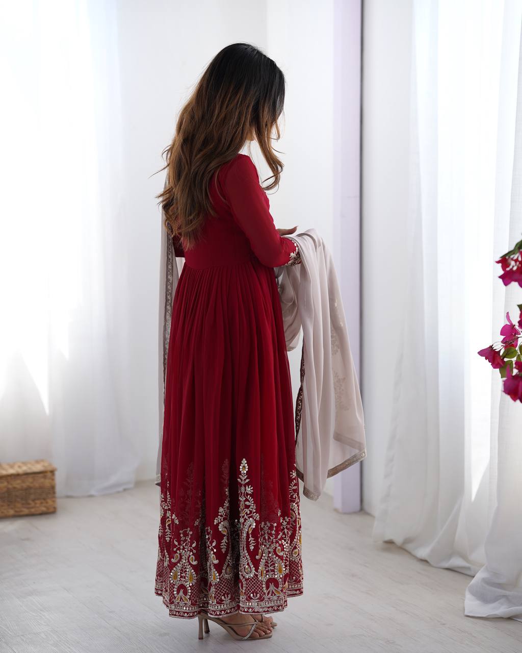 Maroon Anarkali Gown with Heavy Embroidery and Net Dupatta KFZ-5008
