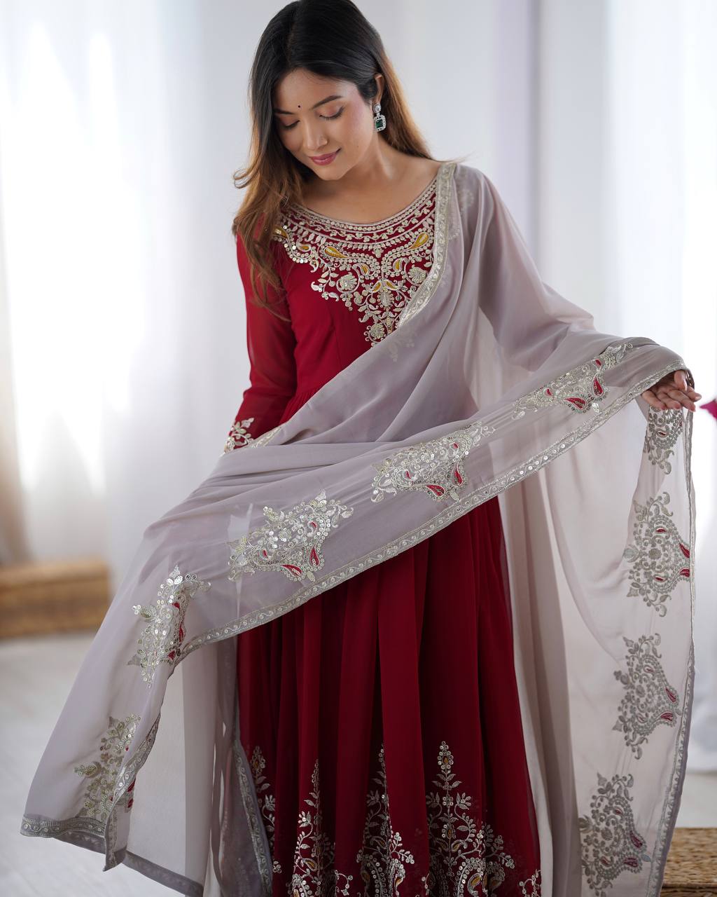 Maroon Anarkali Gown with Heavy Embroidery and Net Dupatta KFZ-5008
