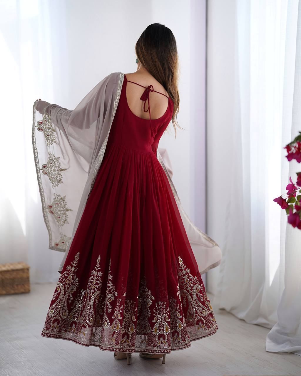 Maroon Anarkali Gown with Heavy Embroidery and Net Dupatta KFZ-5008