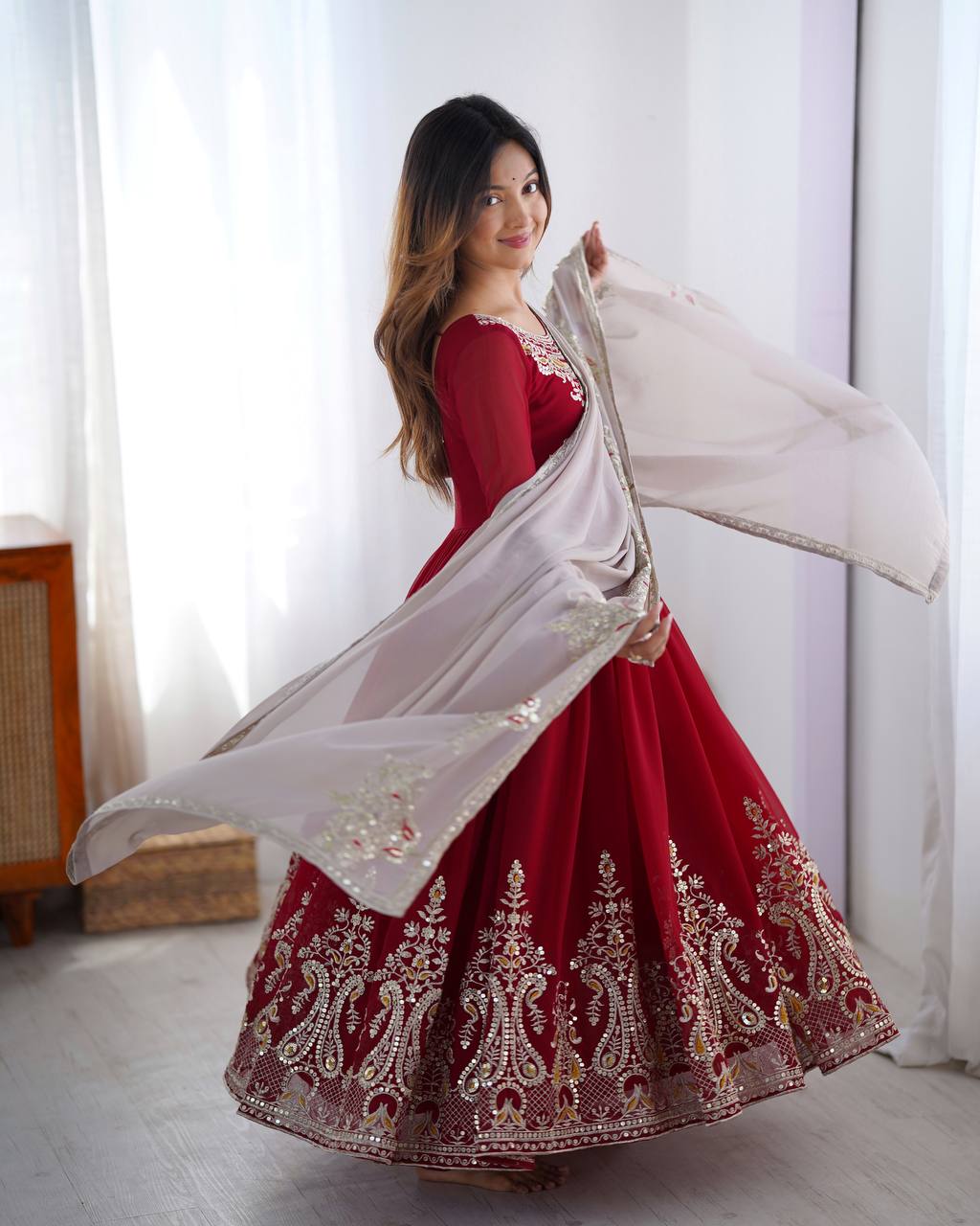 Maroon Anarkali Gown with Heavy Embroidery and Net Dupatta KFZ-5008