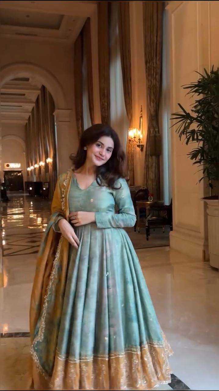 Elegant Pastel Green Anarkali Suit with Mustard Dupatta – Embroidered Ethnic Party Wear for Women KFZ-418