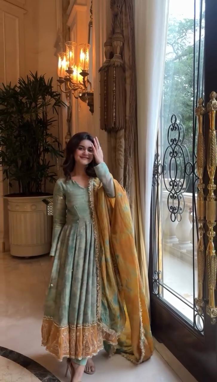 Elegant Pastel Green Anarkali Suit with Mustard Dupatta – Embroidered Ethnic Party Wear for Women KFZ-418
