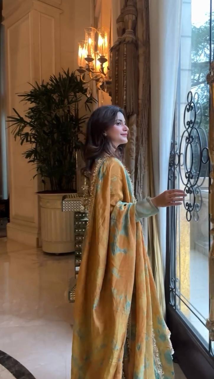 Elegant Pastel Green Anarkali Suit with Mustard Dupatta – Embroidered Ethnic Party Wear for Women KFZ-418
