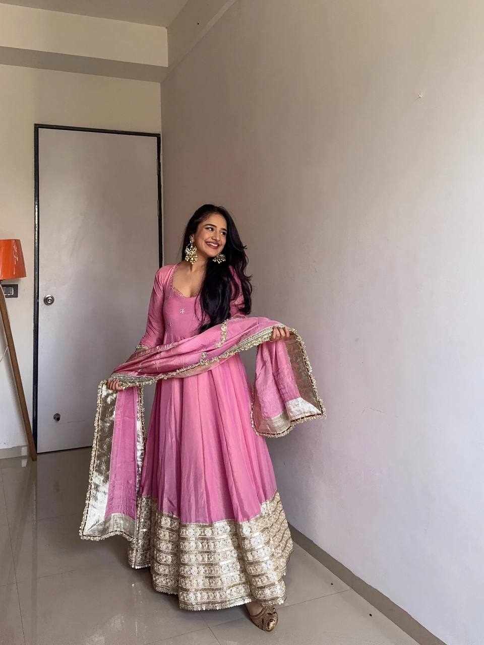 Elegant Pink Anarkali Gown with Mirror Embellished Border & Dupatta KF13D-6072
