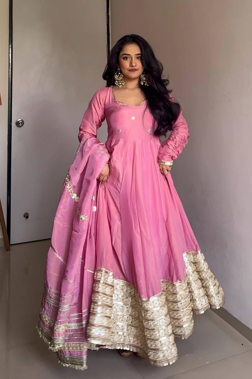 Elegant Pink Anarkali Gown with Mirror Embellished Border & Dupatta KF13D-6072