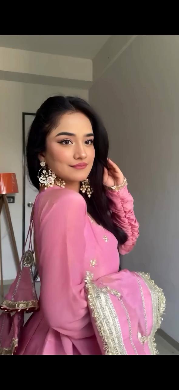 Elegant Pink Anarkali Gown with Mirror Embellished Border & Dupatta KF13D-6072