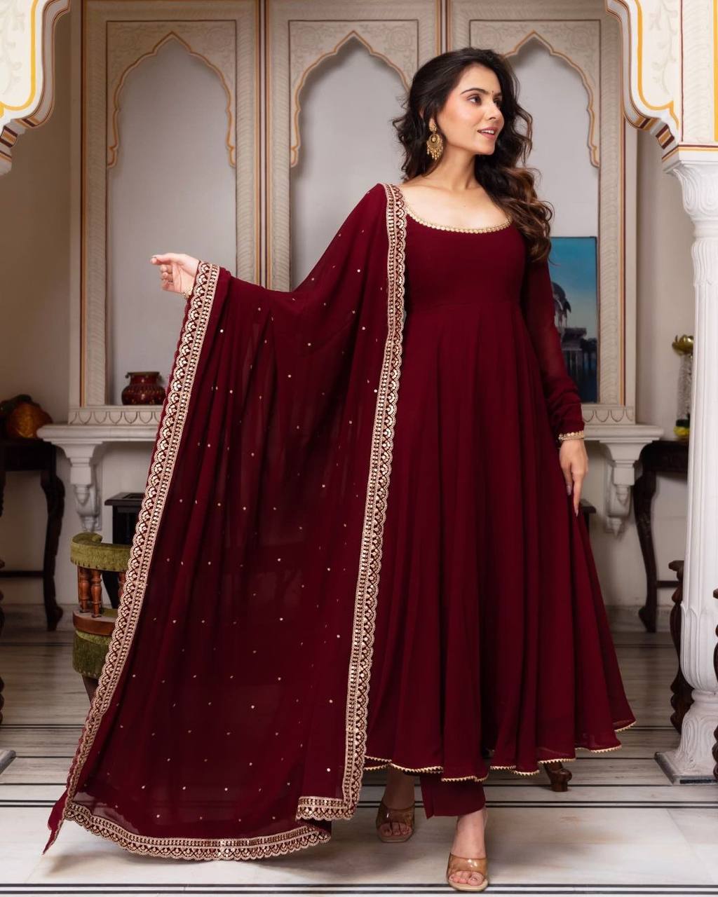 Maroon Faux Georgette Embroidered Anarkali Gown with Dupatta KFS-5222